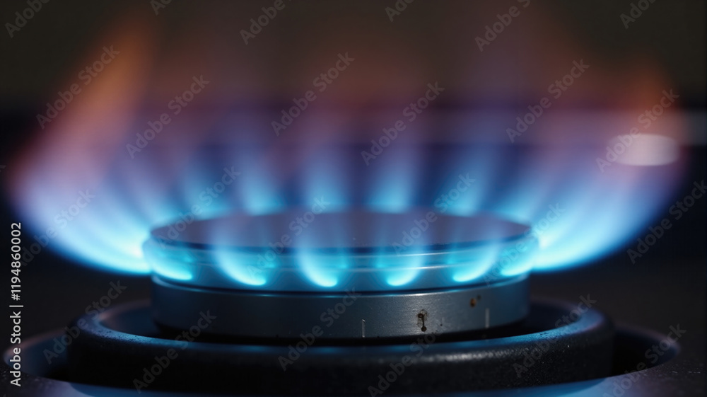 Bright blue flames burn on a gas stove during evening cooking in a modern kitchen Bright blue flames burn on a gas stove during evening cooking in a modern kitchen