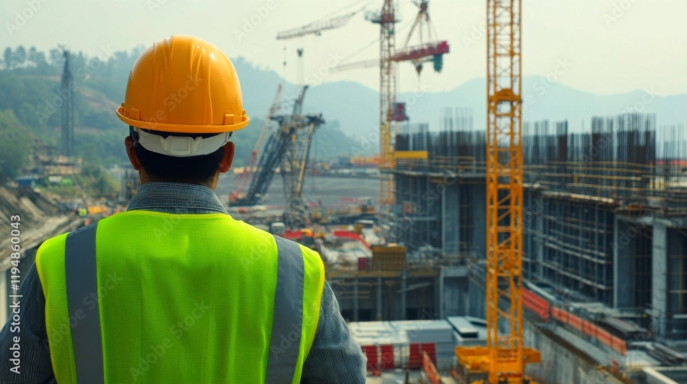 A cinematic view of a construction manager coordinating logistics for a large-scale infrastructure project, with cranes and heavy machinery in operation, Infrastructure construction scene A cinematic view of a construction manager coordinating logistics for a large-scale infrastructure project, with cranes and heavy machinery in operation, Infrastructure construction scene