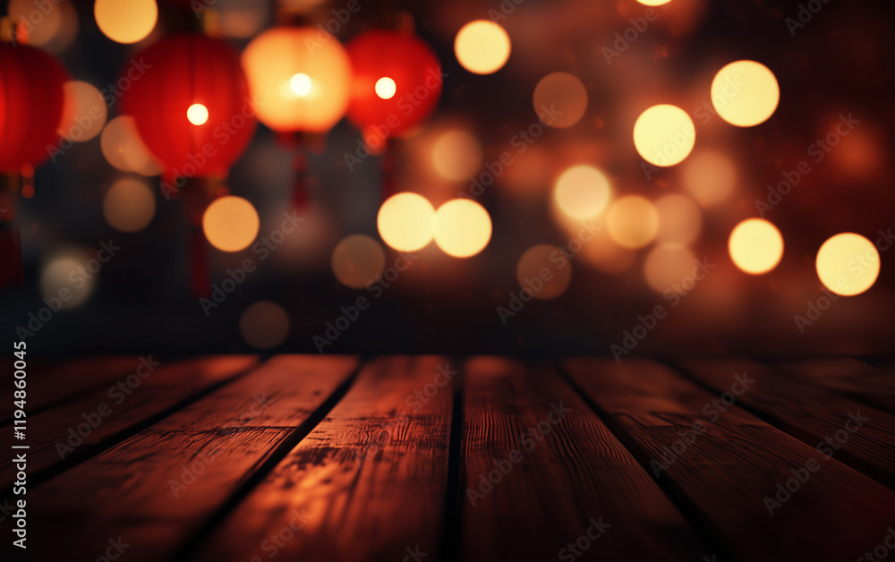 Wooden table with Chinese lanterns and bokeh background
