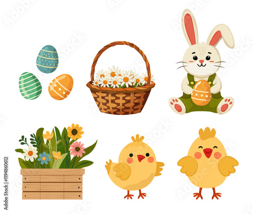 Easter vector illustration set for Easter holidays. Cute bunny, yellow chickens, Easter eggs, daisies, flower beds Isolated