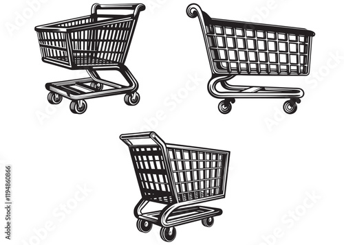 shopping cart silhouette logo vector design, shopping cart silhouette logo icon design, shopping cart vector logo, black and white illustrations of diverse shopping cart designs