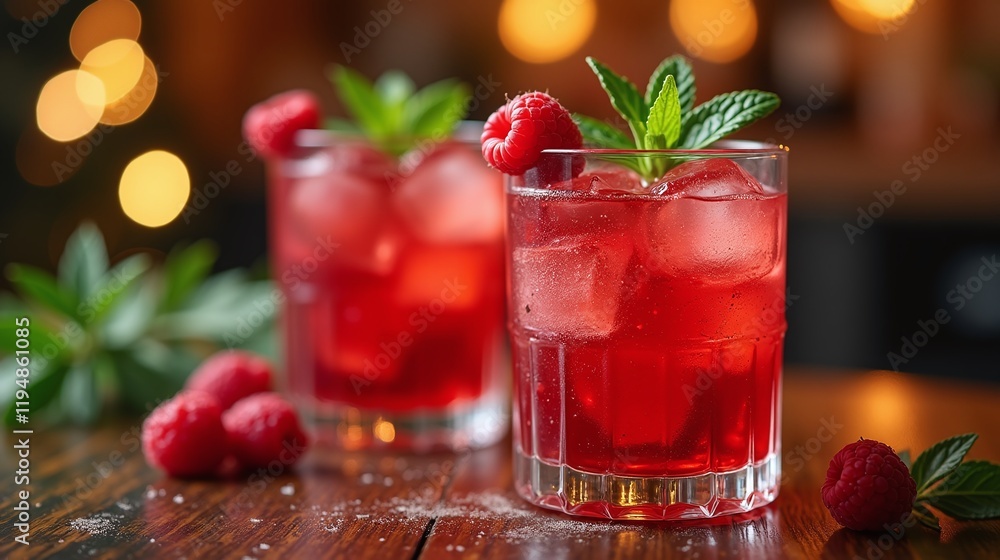 Vibrant red cocktail Raspberry garnish Ice cubes Mint Vibrant red cocktail Raspberry garnish Ice cubes Mint