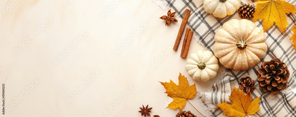 Fototapeta premium Capture charm of autumn with inviting setup: top view featuring soft plaid, small pumpkins, yellow maple leaves, pine cone, cinnamon sticks, anise on pastel beige backdrop. Perfect for messages or ads