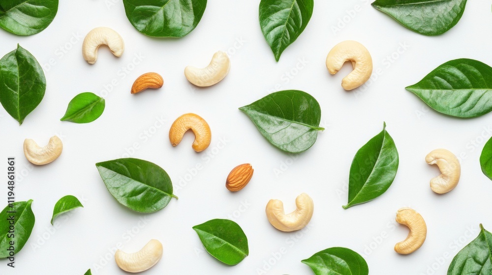 A vibrant collection of raw cashews and almonds sprawls amidst fresh green leaves on a pristine white backdrop. This natural blend evokes a sense of health and vitality, perfect for snacking A vibrant collection of raw cashews and almonds sprawls amidst fresh green leaves on a pristine white backdrop. This natural blend evokes a sense of health and vitality, perfect for snacking