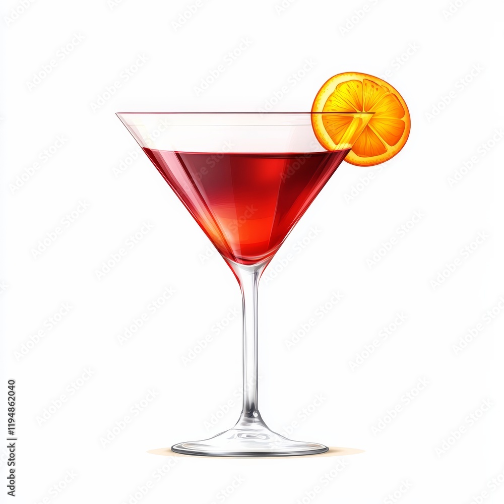 A cosmopolitan with a glossy red hue and a twist of orange peel, elegant and smooth, isolated white background A cosmopolitan with a glossy red hue and a twist of orange peel, elegant and smooth, isolated white background