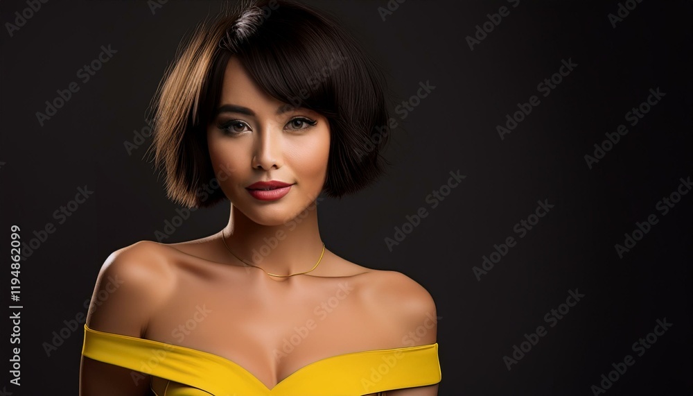 studio portrait of a brunette woman with short hair and nude shoulders wearing a low cut yellow top on black background
studio portrait of a brunette woman with short hair and nude shoulders wearing a low cut yellow top on black background