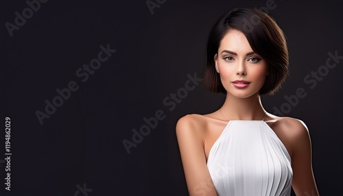 studio portrait of a brunette woman with short hair and nude shoulders wearing a low cut white mini dress on black background	
