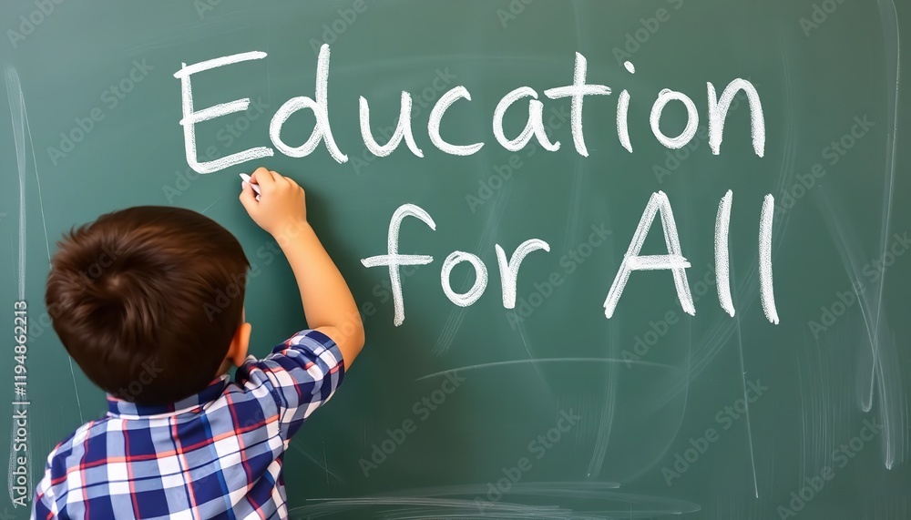 Young Boy Writing Education for All on Green Chalkboard in Classroom Setting, Back View, Child Learning, School Concept, Young Boy Writing Education for All on Green Chalkboard in Classroom Setting, Back View, Child Learning, School Concept,