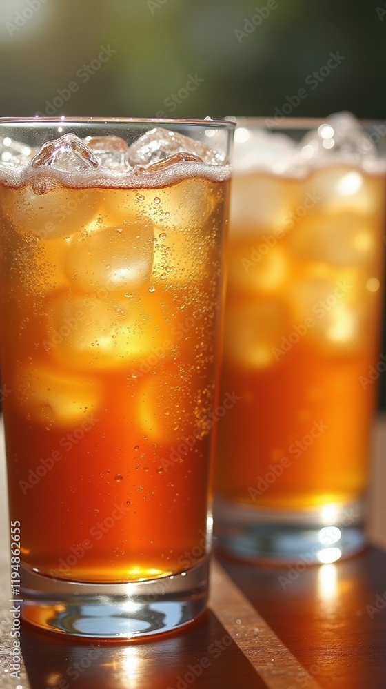 Cold drinks Iced tea Glass tumblers Amber liquid Cold drinks Iced tea Glass tumblers Amber liquid