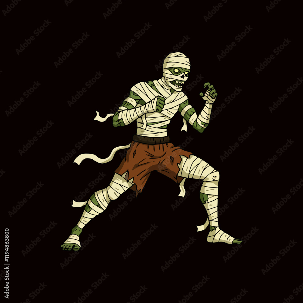 A fierce green mummy, bandaged and in fighting stance, prepared for combat. A fierce green mummy, bandaged and in fighting stance, prepared for combat.