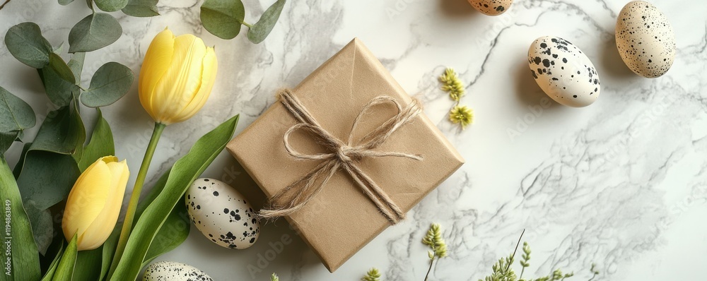 Charming Easter table setting idea. Top view shot featuring brown craft paper present, yellow tulip, eucalyptus, rabbit figurine, speckled quail eggs, laid out on light beige backdrop, space for copy Charming Easter table setting idea. Top view shot featuring brown craft paper present, yellow tulip, eucalyptus, rabbit figurine, speckled quail eggs, laid out on light beige backdrop, space for copy