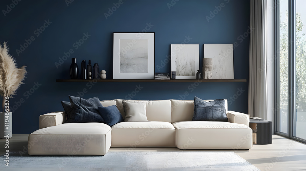Fototapeta premium Modern living room featuring a blue sofa and minimalist design elements.