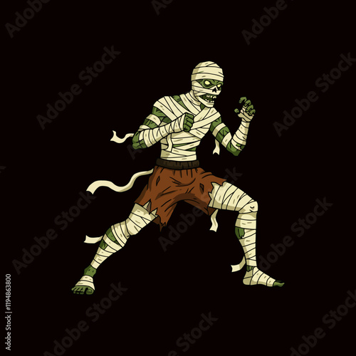 A fierce green mummy, bandaged and in fighting stance, prepared for combat.