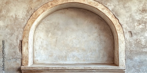 Aged plaster arch with a rustic stucco frame showcasing a beige textured background and ample copy space for design elements. photo