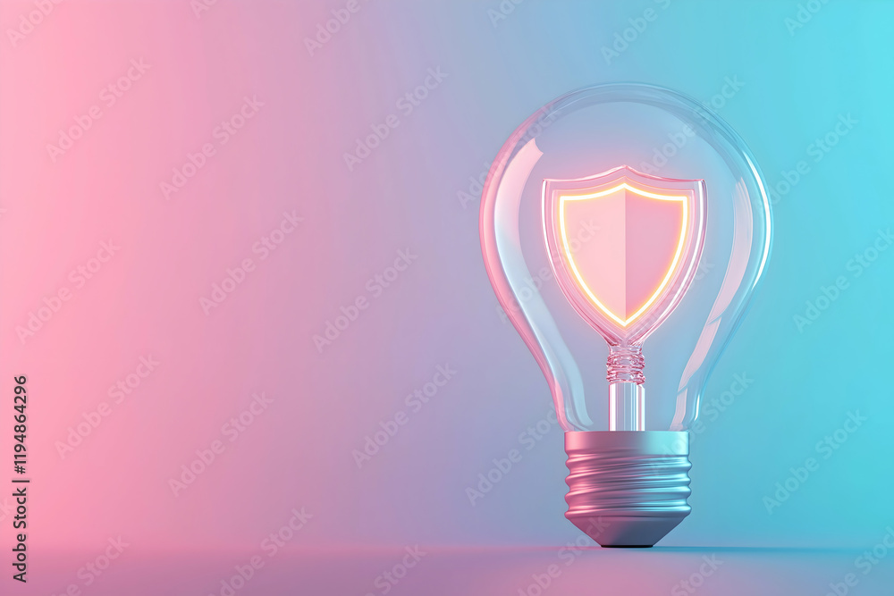 A glowing light bulb with a shield design symbolizes protection and innovation against a vibrant pink and blue background.