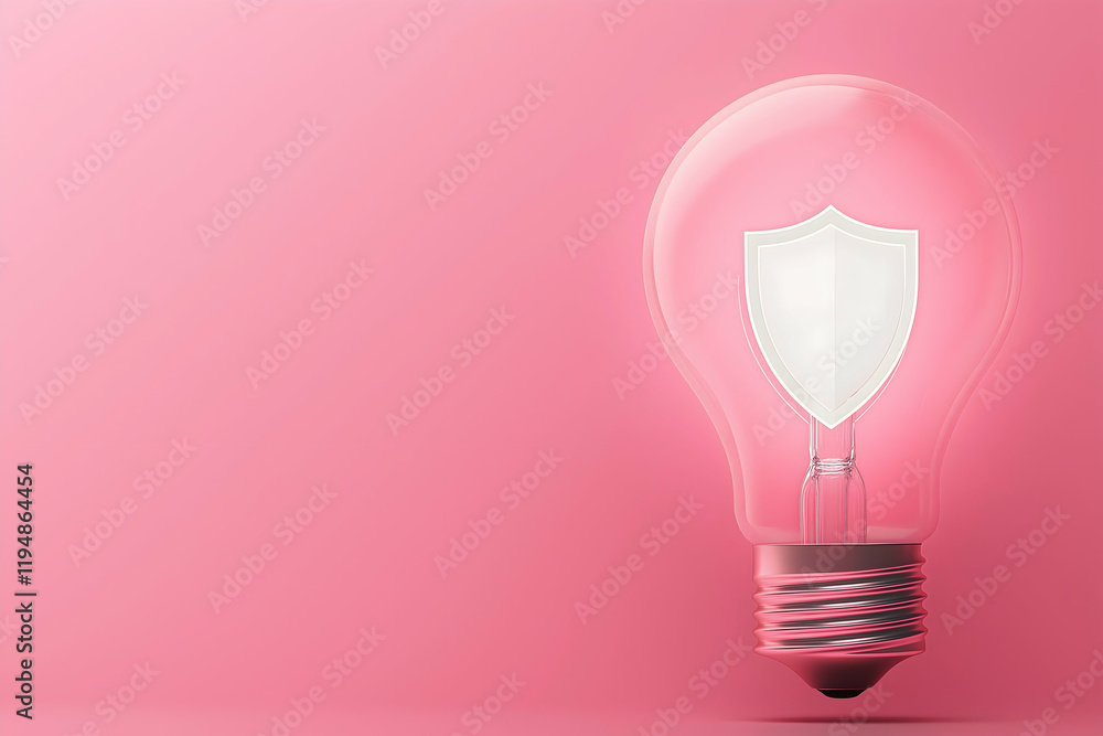 A light bulb with a shield symbol on a pastel pink background, illustrating concepts of protection, ideas, and innovation. A light bulb with a shield symbol on a pastel pink background, illustrating concepts of protection, ideas, and innovation.