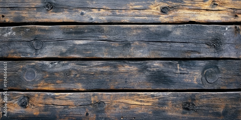Fototapeta premium Vintage weathered wooden board texture featuring dark brown and black tones with subtle grain patterns arranged in horizontal planks.