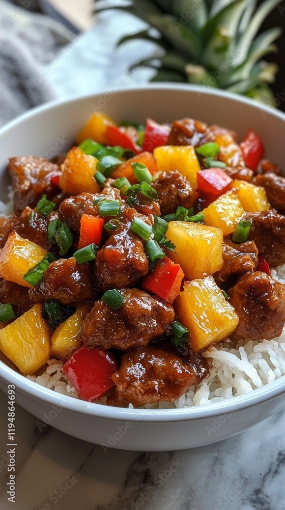 A flavorful dish features tender chunks of sweet and sour pork atop a bed of fluffy rice, complemented by juicy pineapple and colorful bell pepper pieces, garnished with green onions A flavorful dish features tender chunks of sweet and sour pork atop a bed of fluffy rice, complemented by juicy pineapple and colorful bell pepper pieces, garnished with green onions