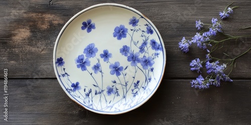 Vintage blue and white bone china plate with delicate purple flowers against a rustic wooden background with scattered lavender blooms photo