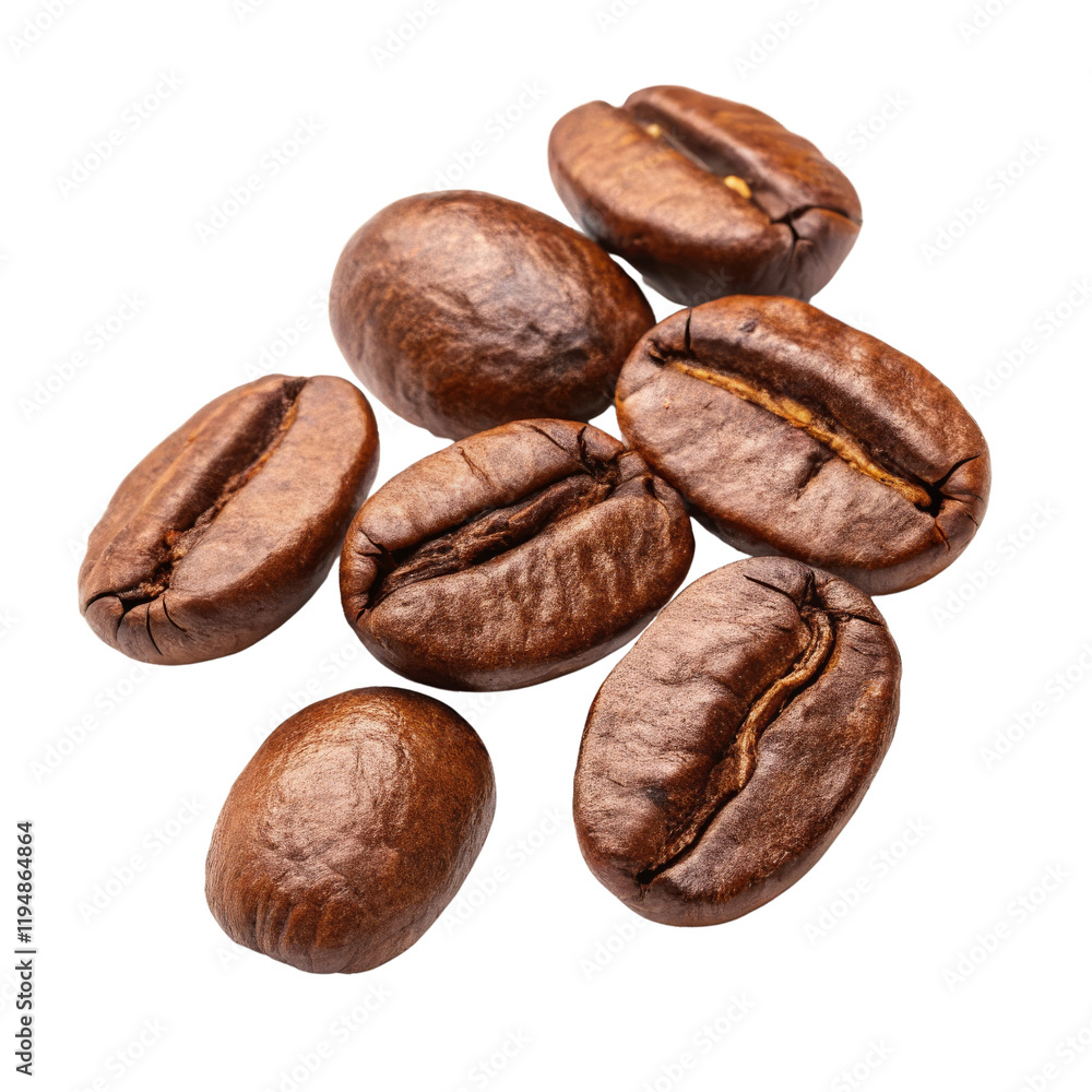Seven Roasted Coffee Beans, Close-up Studio Shot Isolated on White Background, Aromatic Coffee Concept, Coffee Beans, Roasted Coffee, Coffee Seven Roasted Coffee Beans, Close-up Studio Shot Isolated on White Background, Aromatic Coffee Concept, Coffee Beans, Roasted Coffee, Coffee