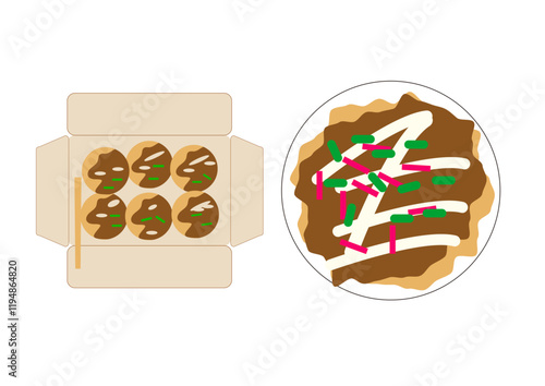 日本の大都市で万博も開かれる大阪の名物食べ物たこ焼きとお好み焼きのベクターイラスト　

