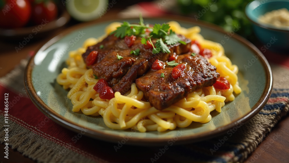 Savory plate of pasta topped with seasoned beef and fresh herbs presented on a rustic wooden table Savory plate of pasta topped with seasoned beef and fresh herbs presented on a rustic wooden table