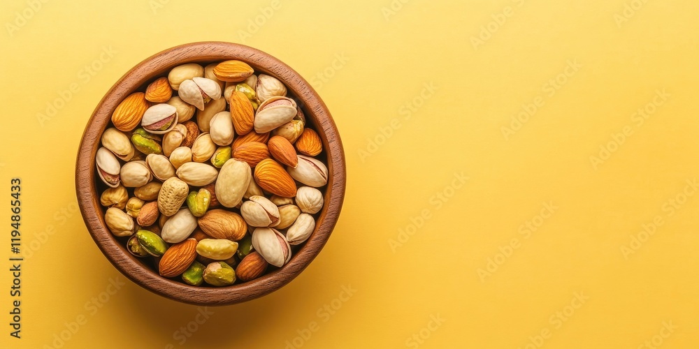 Nut assortment in wooden bowl featuring almonds, pistachios, and cashews on light yellow backdrop with ample copy space in vertical orientation Nut assortment in wooden bowl featuring almonds, pistachios, and cashews on light yellow backdrop with ample copy space in vertical orientation