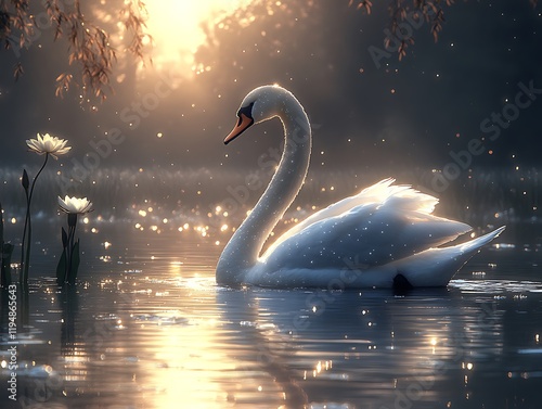 Fototapeta Naklejka Na Ścianę i Meble -  Elegant swan princess gliding across a serene pond, surrounded by water lilies and soft moonlight, white background ::2 graceful movements, shimmering ripples, regal presence, tranquil beauty, 