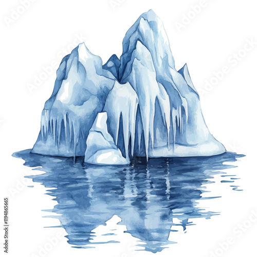 A watercolor drawing of polar ice caps melting, isolated on a white background. Global warming vector.
