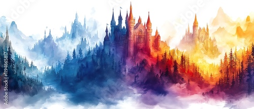 Enchanting watercolor fairytale castles, princesses, and unicorns in magical realms, 4k 