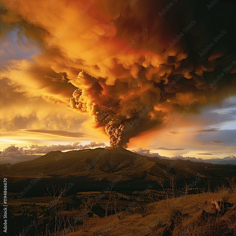 Fototapeta premium Fiery volcanic eruption at sunset, massive ash plume rising above mountain landscape.