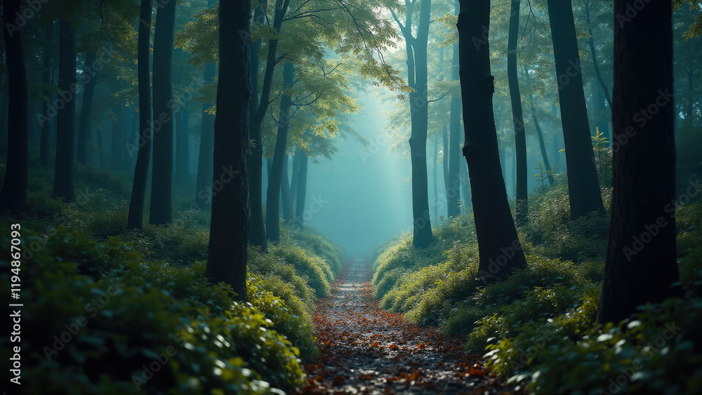 Obraz premium Walking through a misty forest path surrounded by tall trees and vibrant foliage in the early morning light