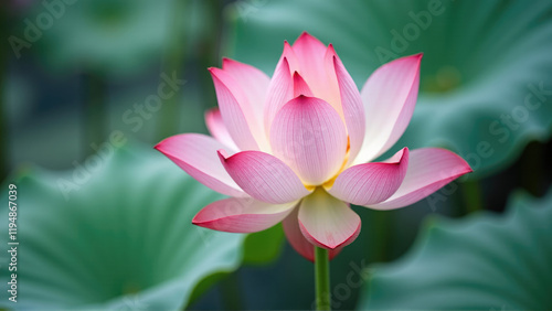 Beautiful pink lotus flower blooming amidst green leaves in a serene pond