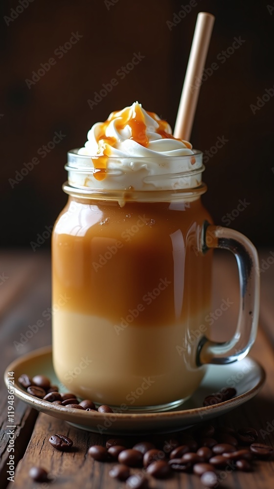 Iced coffee in mason jar layered caramel latte Iced coffee in mason jar layered caramel latte