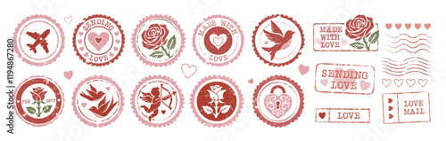 Vintage Valentine's Postmark with textured designs and Love Symbols Collection. Romantic Scrapbooking elements, roses, hearts, and Cupid. Ideal for Wedding invitations and digital Scrapbook collages