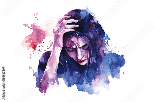 A watercolor woman looking sad and worried, isolated on a transparent background