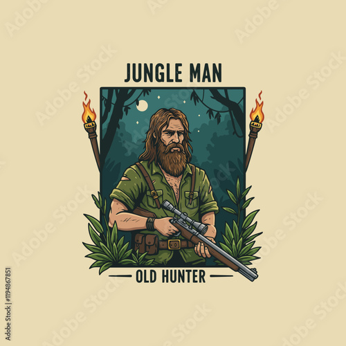 An illustration depicts a grizzled, bearded man in a jungle setting at night, holding a scoped rifle.