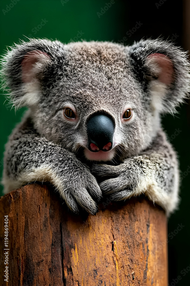 Fototapeta premium A cute koala rests on a wooden stump, showcasing its fluffy fur and distinctive nose against a green background.