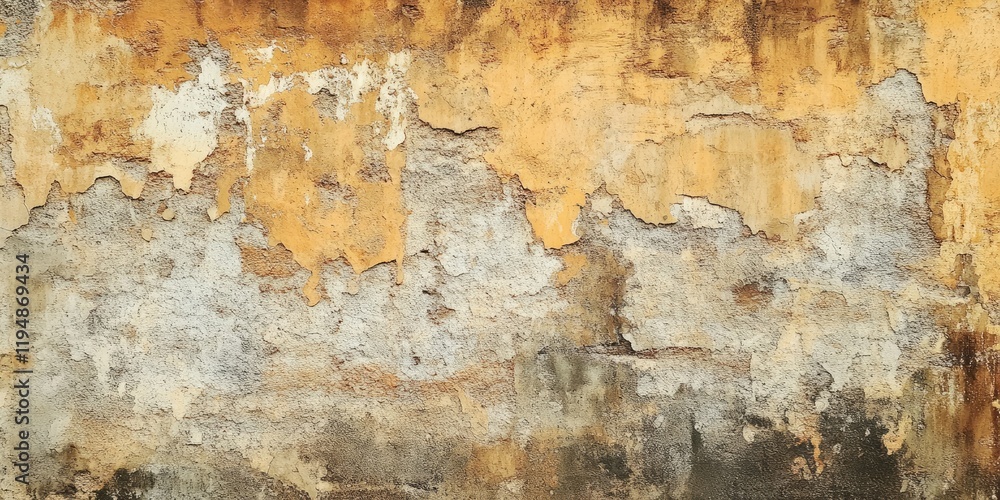 Fototapeta premium Textured aged wall background in warm yellow and gray hues with peeling paint, uneven surface, and rustic charm across the entire image.