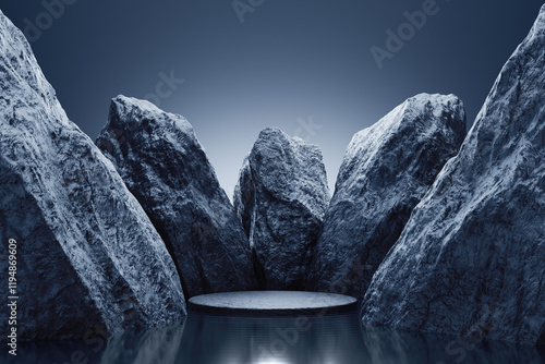 Black rock niche dark rough surface meteorite mountain and pond water light shadow platform product display advertisement stand background stone strong planet or underwater nature. 3D illustration.