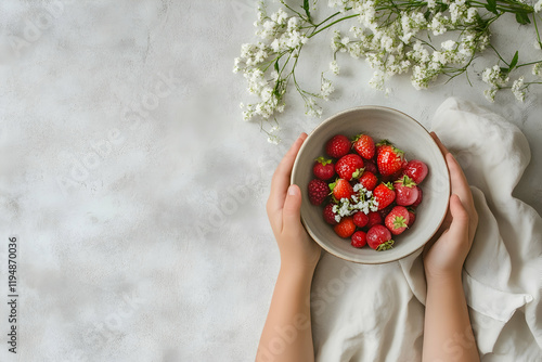 Childa??s hands holding a bowl of fresh summer berries on a neutral background, emphasizing natural health and nutrition photo