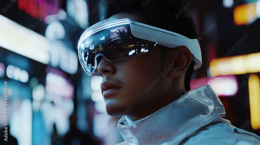 Man wearing futuristic smart glasses at night. Man wearing futuristic smart glasses at night.
