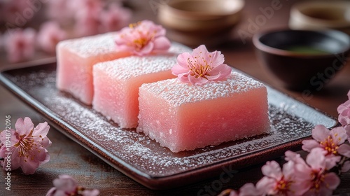 [Squarecut rosecolored sushi platter with herbs] Traditional Rose-Colored Sushi Platter with Fresh Herbs, Wooden Plank & Vintage Tea Ceremony Backdrop photo