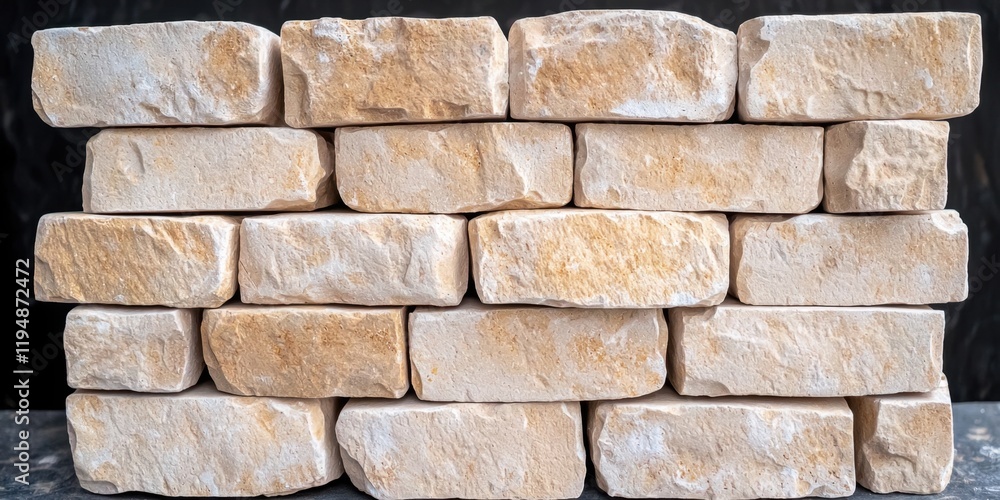 Obraz premium Construction concept using lightweight bricks. Stacked light-colored stones arranged in a solid formation against a dark background