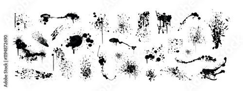 Spray paint inky drips, blots or splatters. Black splashes, graffiti speckles, spatter or inkblot spots with dusty grunge effect. Paintbrush splotch, drops or liquid blobs. Set of dirty splash stains
