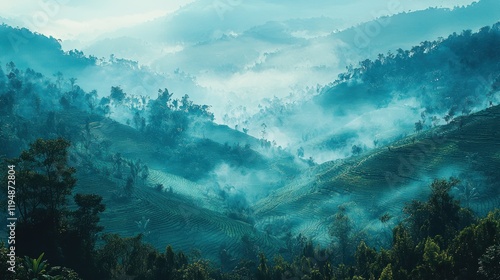 Misty mountain landscape at dawn.