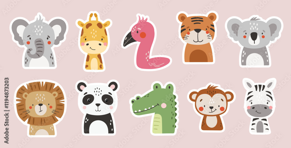 Fototapeta premium Safari animals set isolated, cute tropical animals, kids printable stickers, vector cartoon