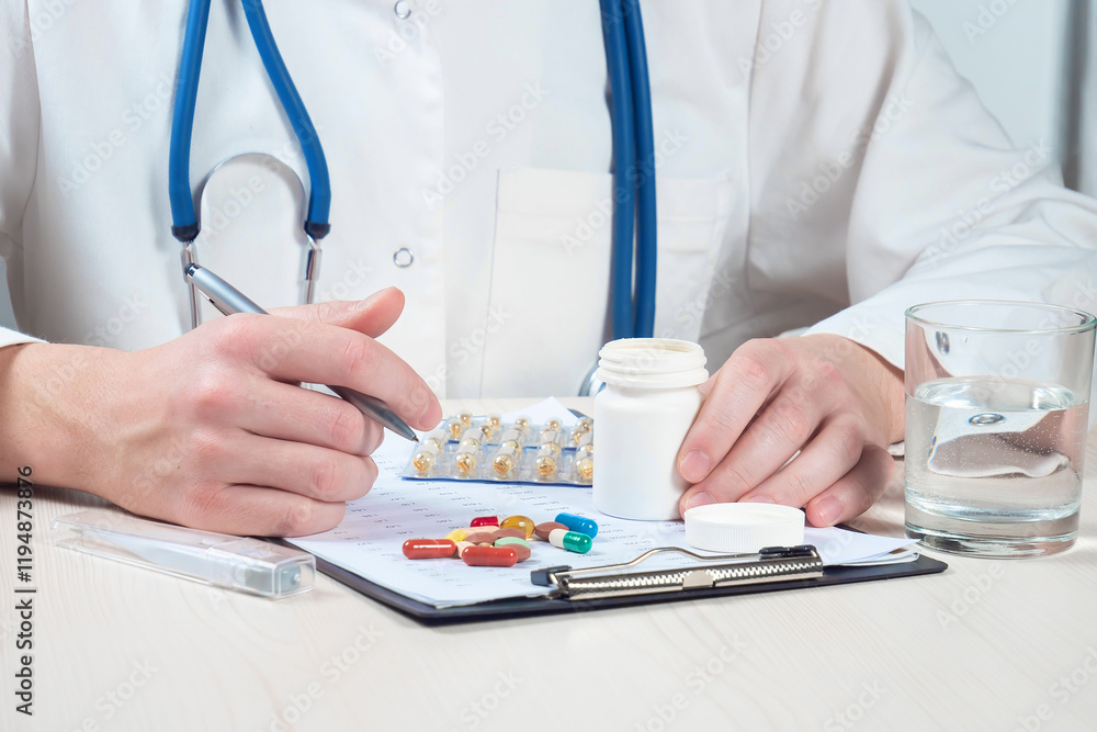 Young doctor in blue gloves, checking pills on a list. Close-up. Slow motion. Young doctor in blue gloves, checking pills on a list. Close-up. Slow motion.