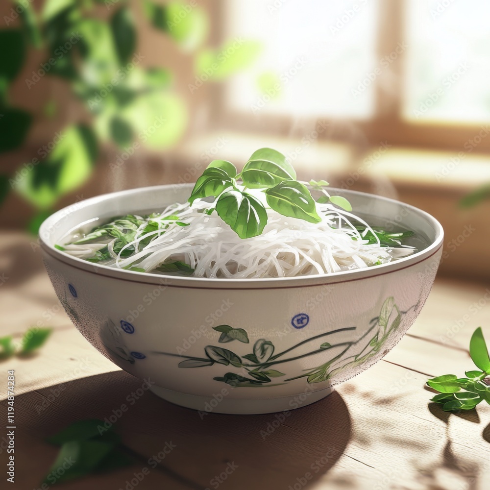 Close-up of a rice bowl with Vietnamese pho and fresh herbs. Featuring a fragrant and comforting dish. Highlighting the texture and flavors of the pho. Ideal for food and cultural themes. Close-up of a rice bowl with Vietnamese pho and fresh herbs. Featuring a fragrant and comforting dish. Highlighting the texture and flavors of the pho. Ideal for food and cultural themes.