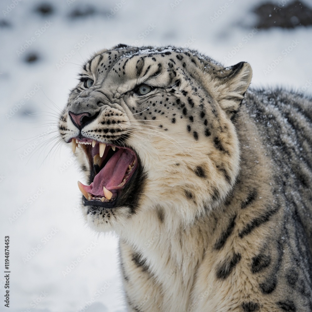 Fototapeta premium A snow leopard yawning, showing sharp teeth, white backdrop.